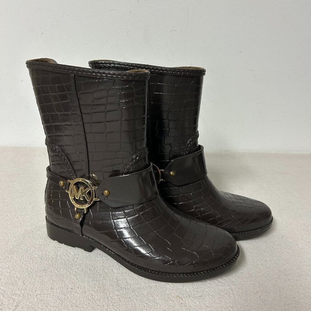 Michael Kors Croc Embossed Fulton Rain Boots Womens 6 Brown Rubber Gold Logo